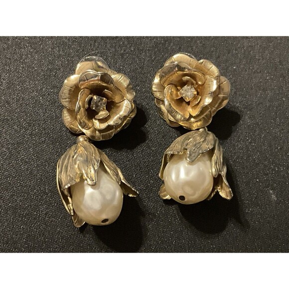 Kirks Folly Flower w/ Drop Tulip & Faux Pearl Post Earrings Signed - Picture 2 of 5